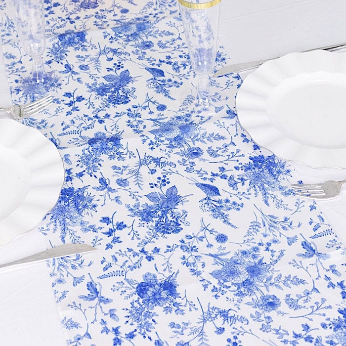 12"x108" Floral Satin Table Runner Wedding Linens - White with Blue RUN_STN_FLOR_BLUE