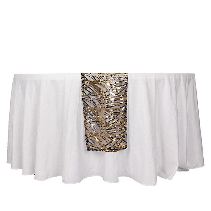 12"x108" Wave Mesh Table Runner with Embroidered Sequins RUN_02_WAVE_BLKGD