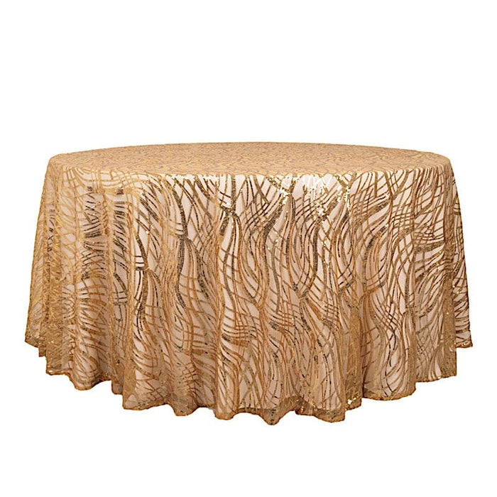120" Wave Mesh Round Tablecloth with Embroidered Sequins TAB_02_WAVE_120_GOLD