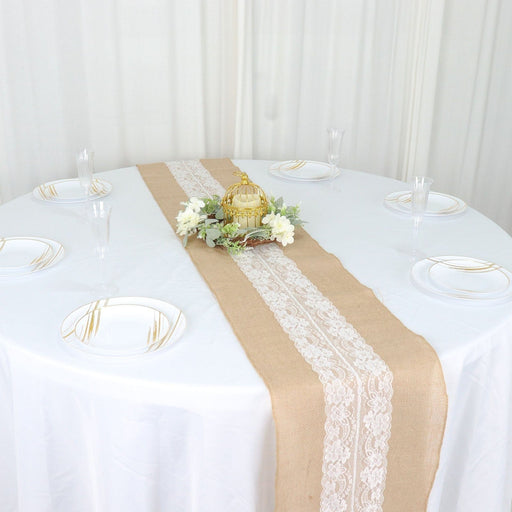 14" x 106" Burlap with Lace Table Runner - White and Natural RUN_JUTE_LACE01_NAT