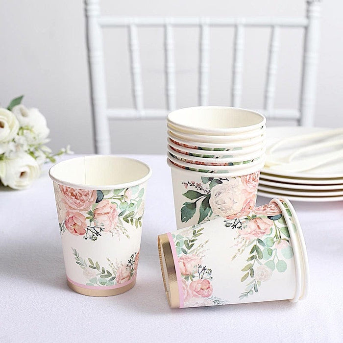 24 pcs 9 oz Pink and Gold Foil Peony Flower Paper Cups - Disposable Tableware DSP_PCUP_024_9_GOLD
