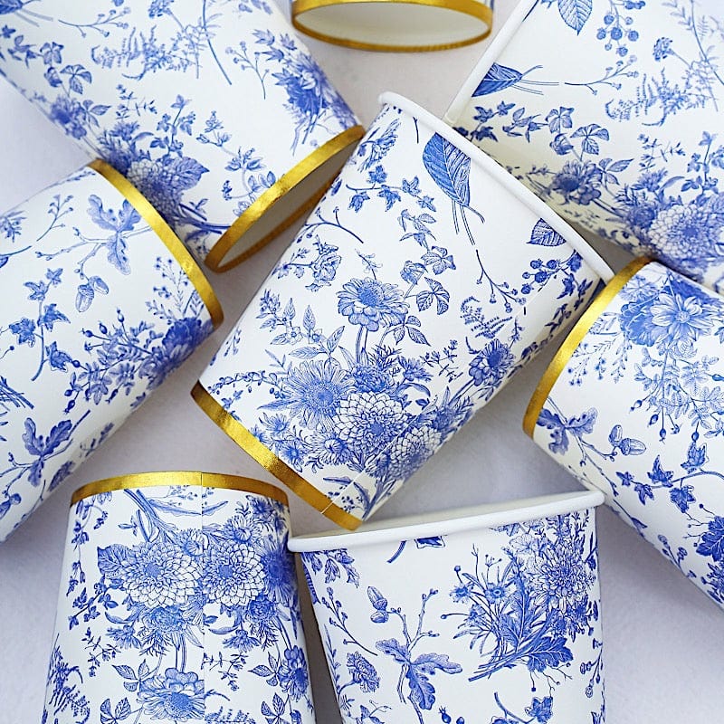 24 White 9 oz Blue Floral Design Paper Cups with Gold Rim - Disposable Tableware DSP_PCUP_016_9_BLUE