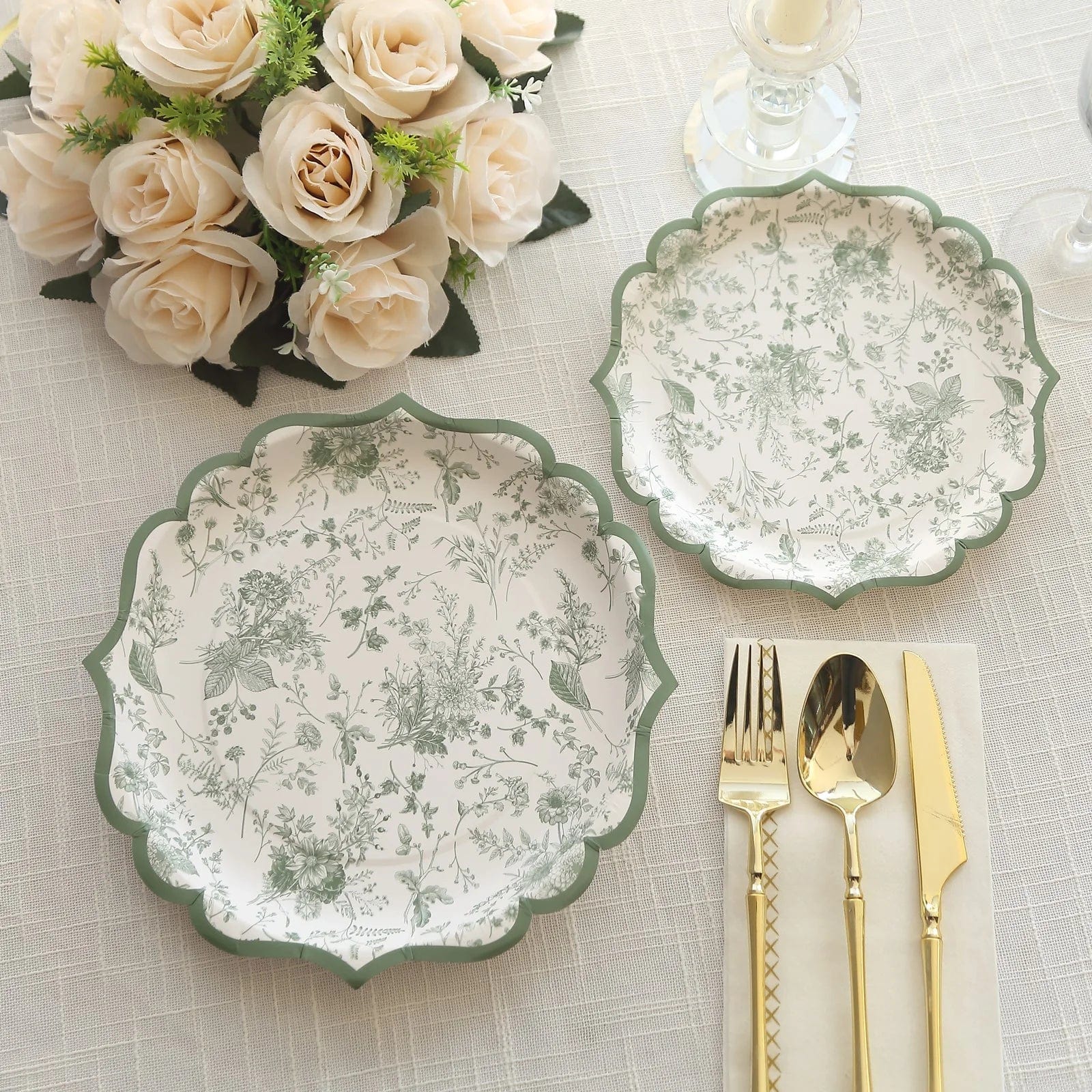 25 Floral Leaf Print Paper Plates with Scalloped Rims - White Sage Green DSP_PPR0022_10_SAGE