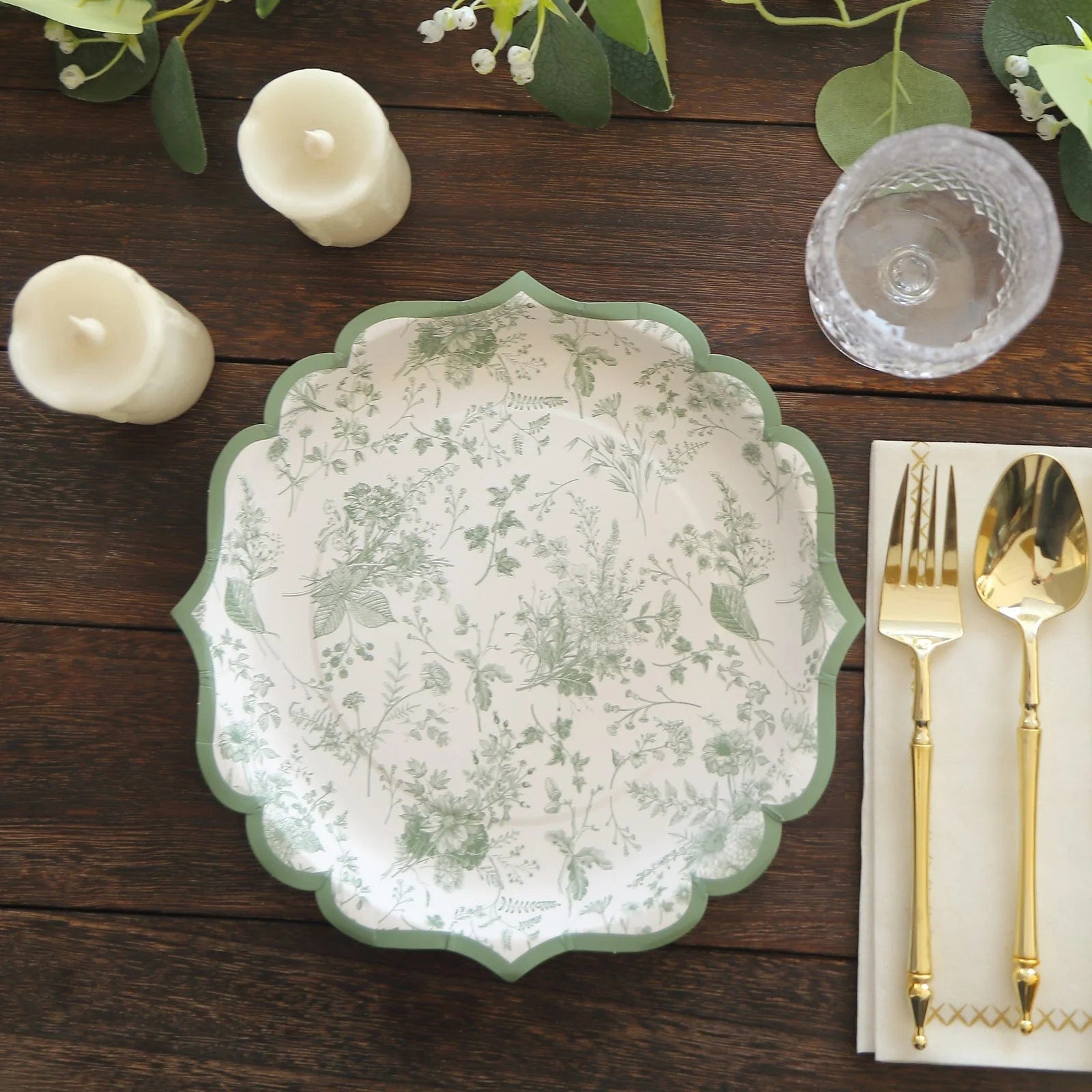 25 Floral Leaf Print Paper Plates with Scalloped Rims - White Sage Green DSP_PPR0022_10_SAGE