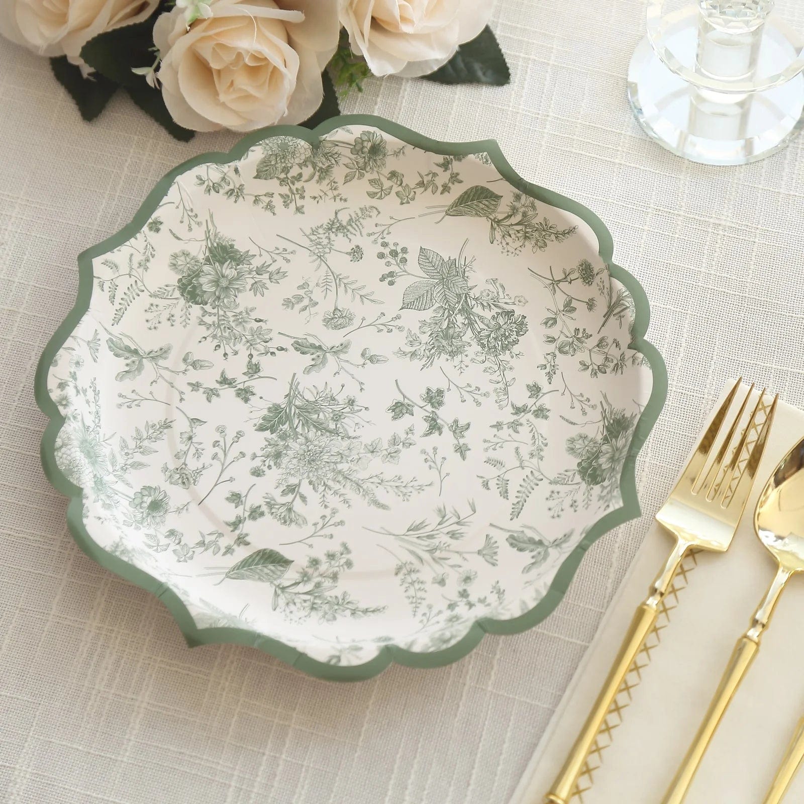 25 Floral Leaf Print Paper Plates with Scalloped Rims - White Sage Green DSP_PPR0022_10_SAGE