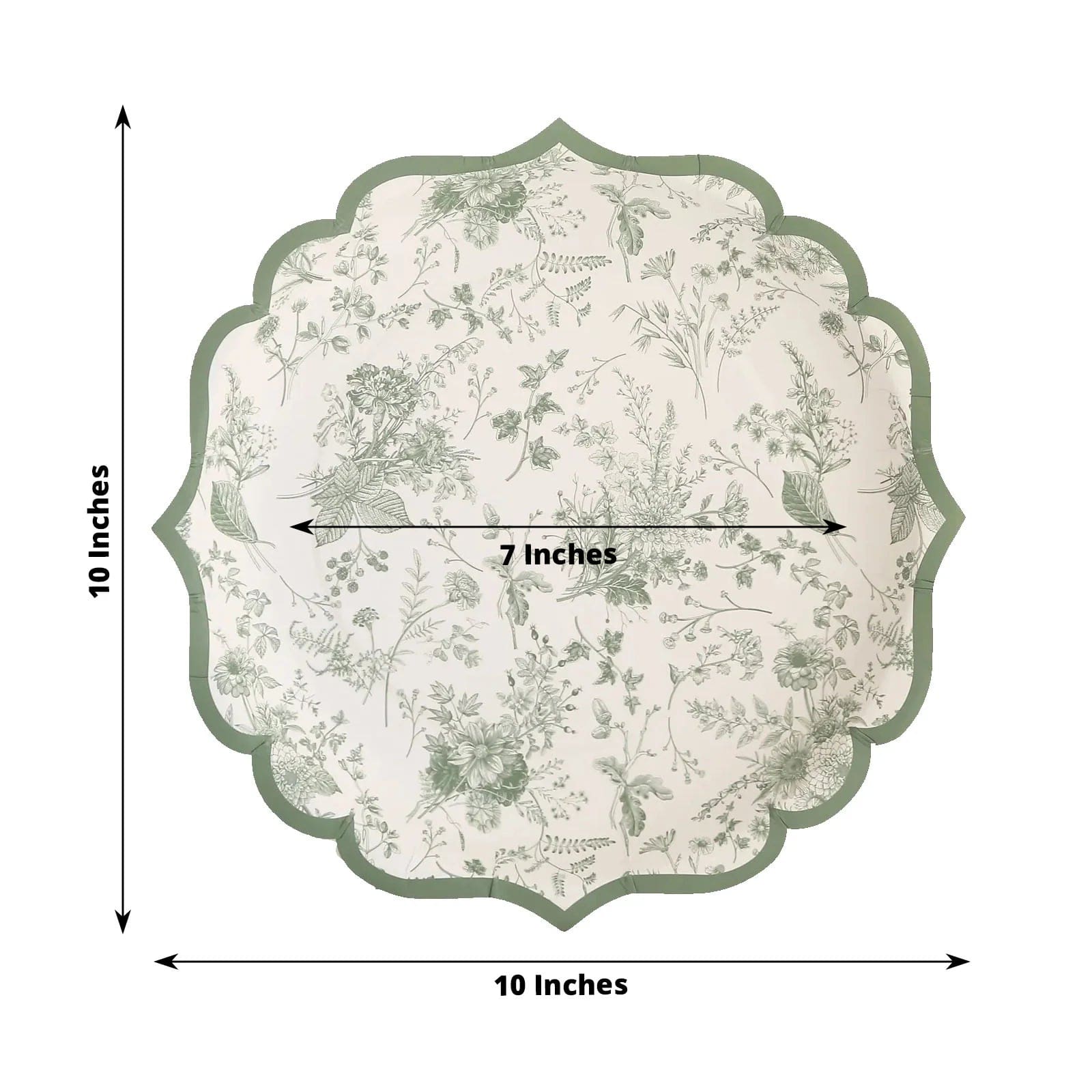 25 Floral Leaf Print Paper Plates with Scalloped Rims - White Sage Green DSP_PPR0022_10_SAGE