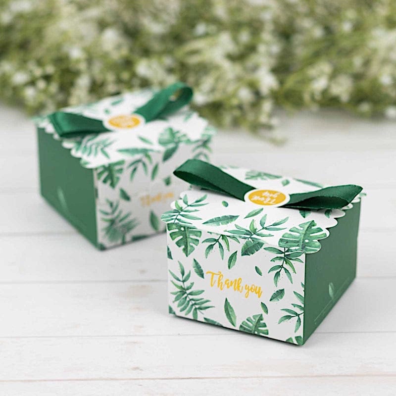 25 Monstera Leaf Print Favor Gift Boxes with Satin Ribbon Bow - Green BOX_2X2_FLOR01_GRN
