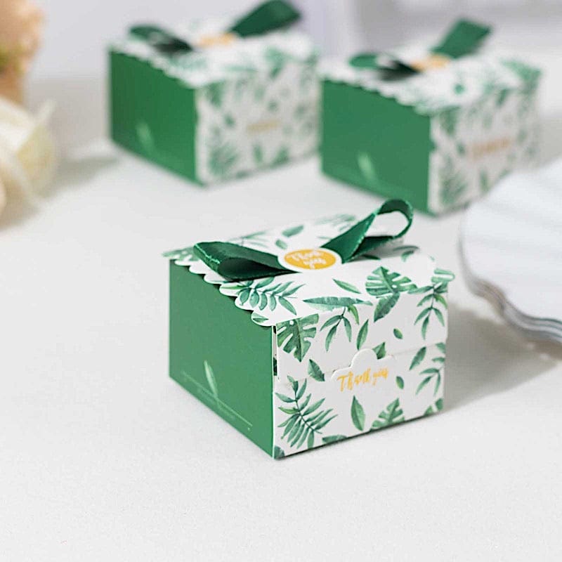 25 Monstera Leaf Print Favor Gift Boxes with Satin Ribbon Bow - Green BOX_2X2_FLOR01_GRN