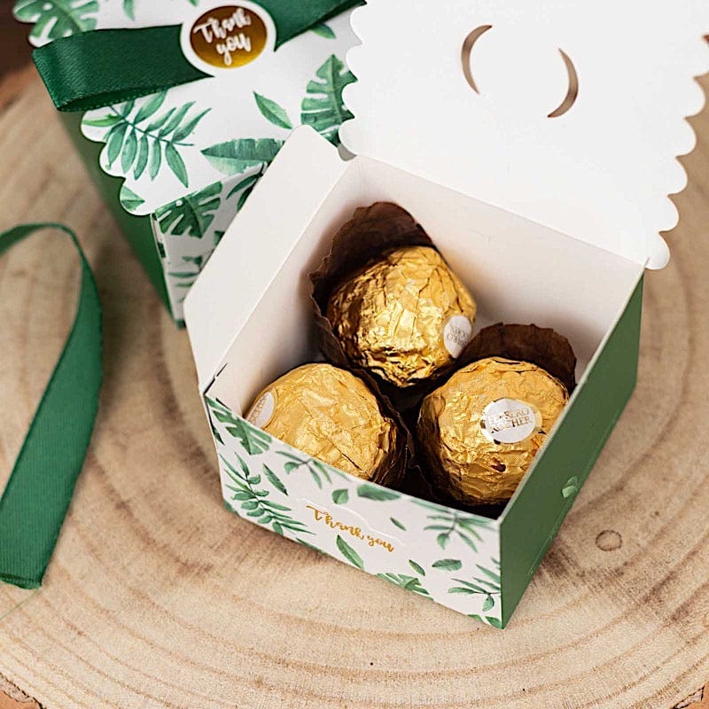 25 Monstera Leaf Print Favor Gift Boxes with Satin Ribbon Bow - Green BOX_2X2_FLOR01_GRN