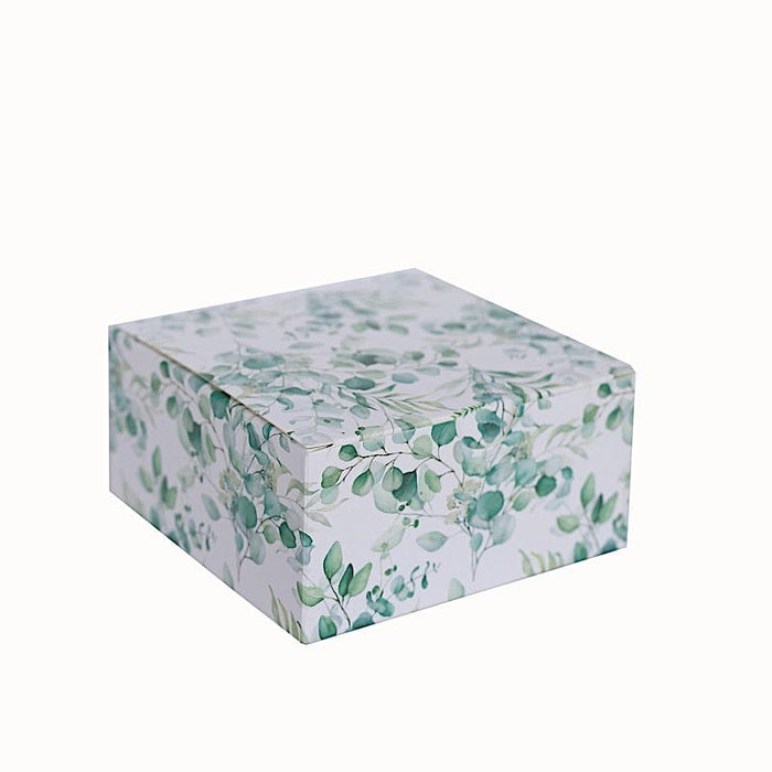25 Square 4" x 4" Favor Boxes Floral Printed Gift Holders - White BOX_4X4X2_FLOR01_GRN