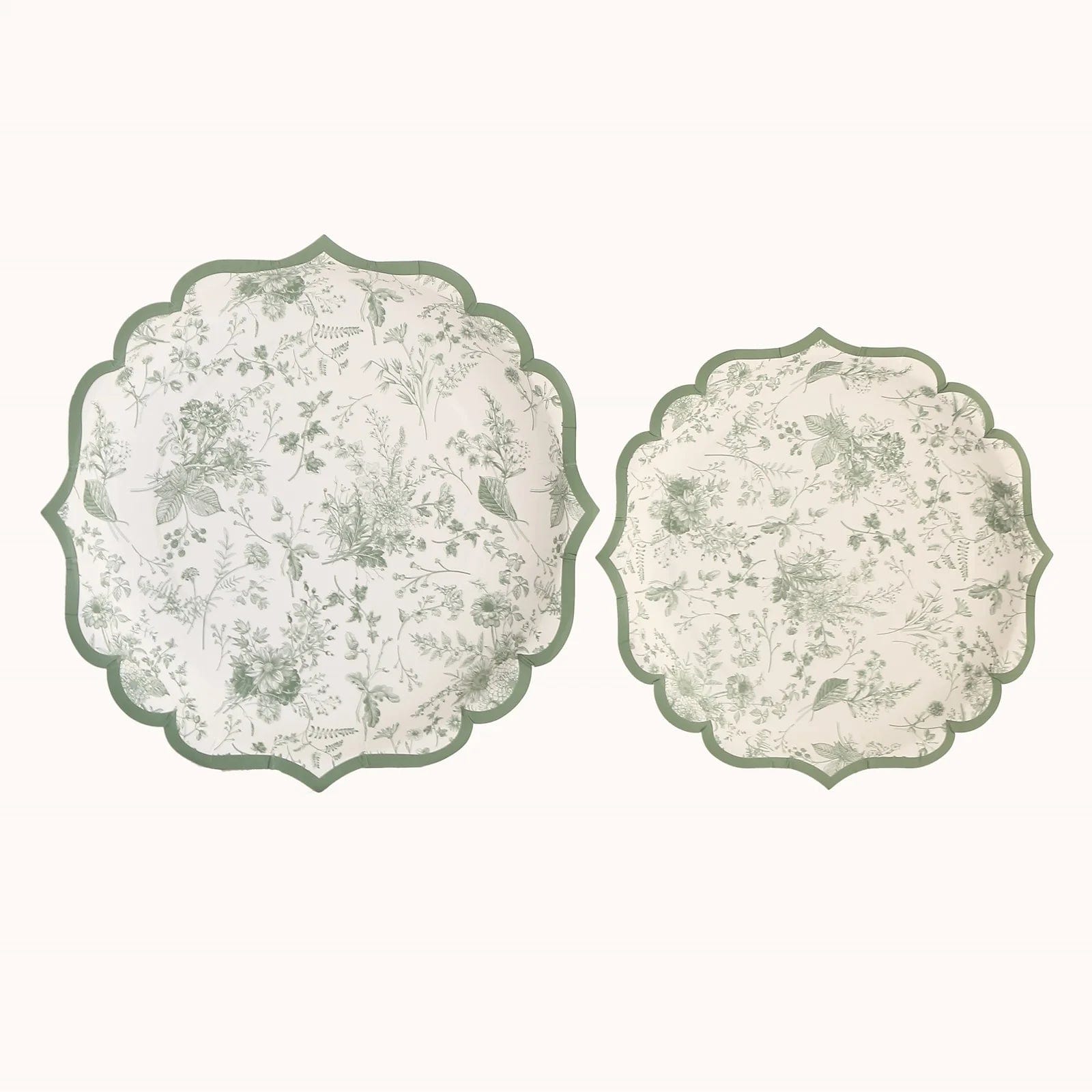 25 White and Sage Green Floral Leaf Print Paper Plates with Scalloped Rim - Disposable Tableware