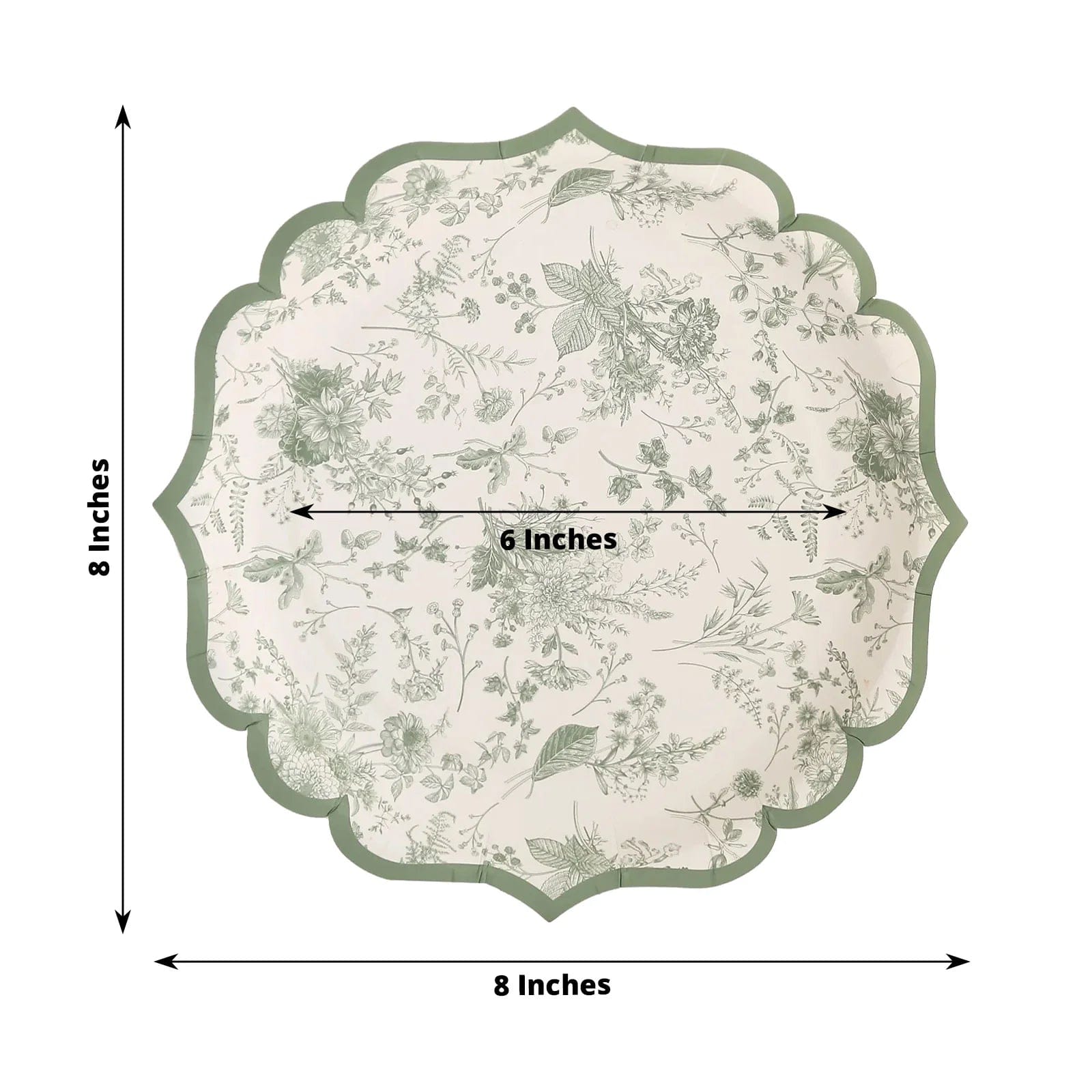 25 White and Sage Green Floral Leaf Print Paper Plates with Scalloped Rim - Disposable Tableware