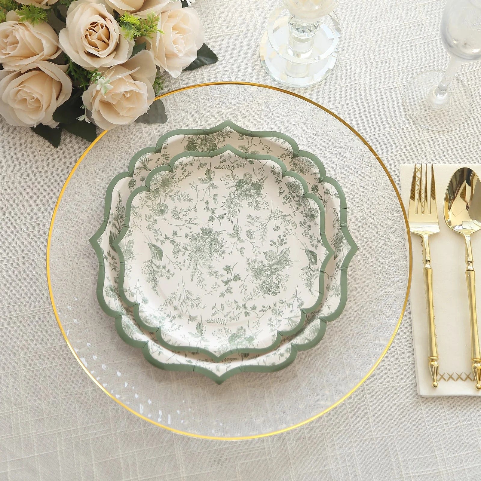 25 White and Sage Green Floral Leaf Print Paper Plates with Scalloped Rim - Disposable Tableware