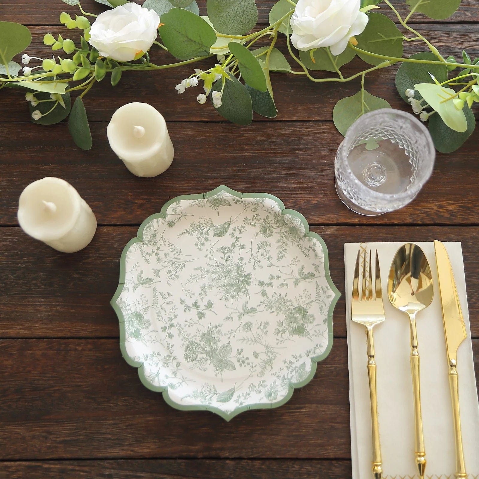 25 White and Sage Green Floral Leaf Print Paper Plates with Scalloped Rim - Disposable Tableware