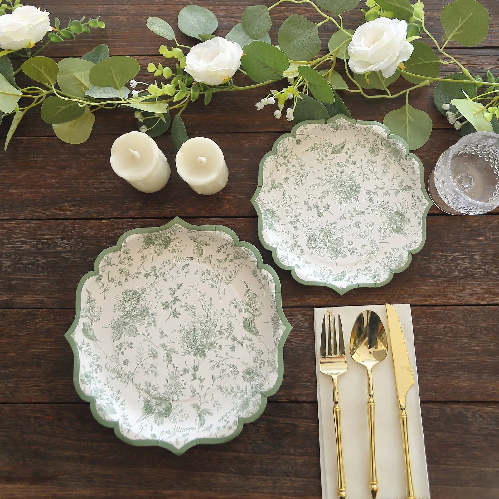 25 White and Sage Green Floral Leaf Print Paper Plates with Scalloped Rim - Disposable Tableware