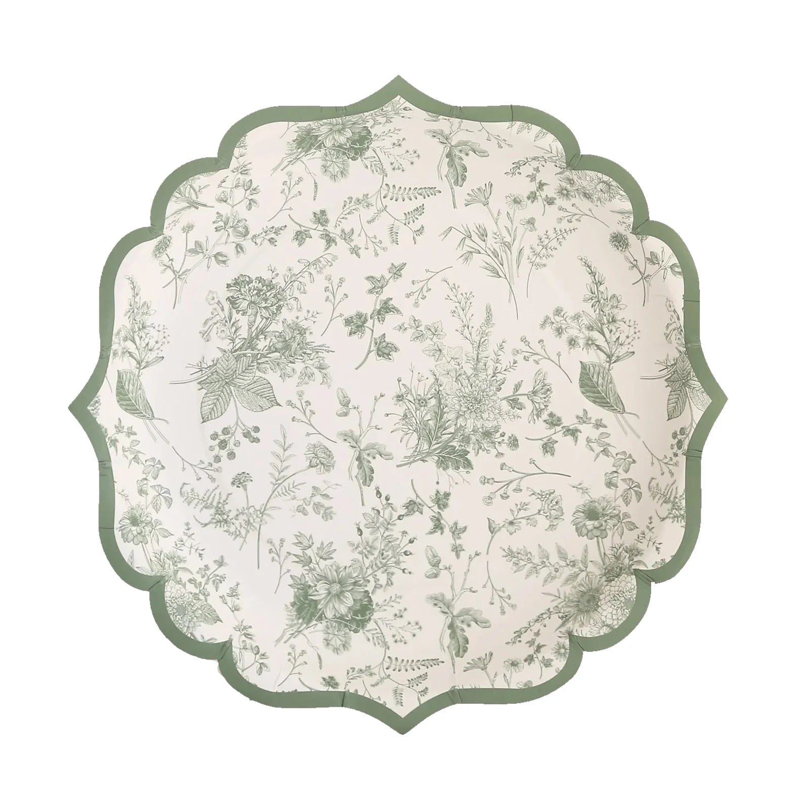 25 White and Sage Green Floral Leaf Print Paper Plates with Scalloped Rim - Disposable Tableware DSP_PPR0022_8_SAGE