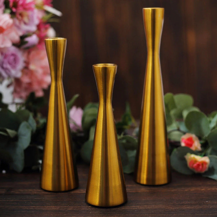 3 Modern Hourglass Style Gold Metal Taper Candle Holders - Gold IRON_CAND_TP017_GOLD