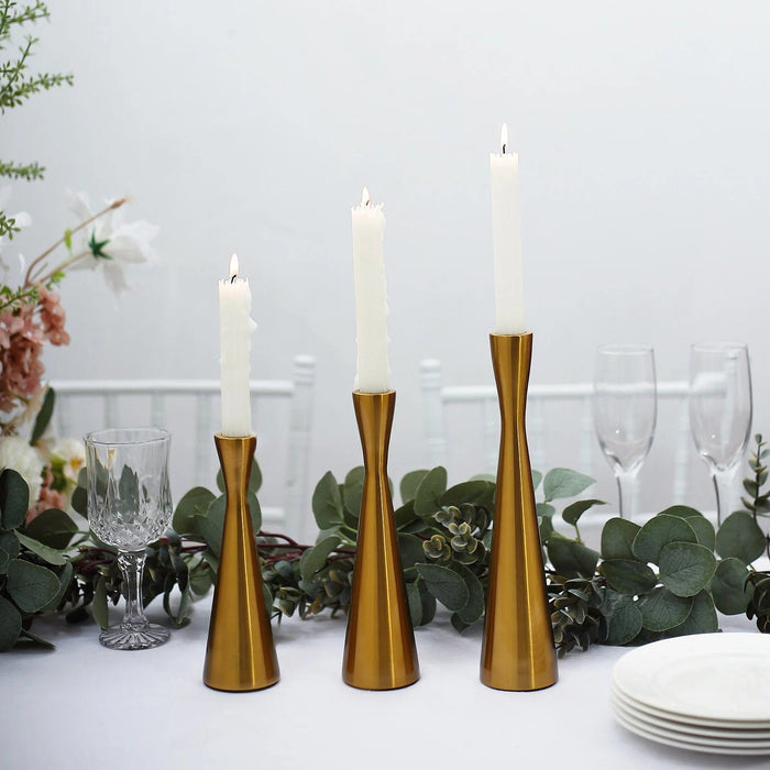 3 Modern Hourglass Style Gold Metal Taper Candle Holders - Gold IRON_CAND_TP017_GOLD