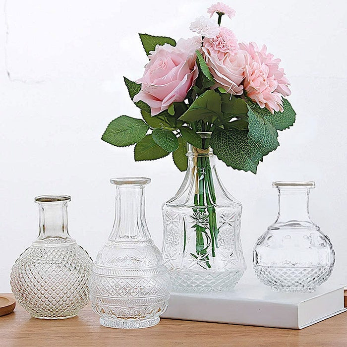 4 Glass Antique Vintage Mini Bud Flower Vases - Clear VASE_RND_007_SET_CLR