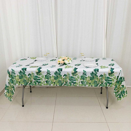 5 Rectangular 54" x 108" Plastic Tablecloths with Eucalyptus Leaves Print - White and Green TAB_PVC_FLOR01_108_GRN