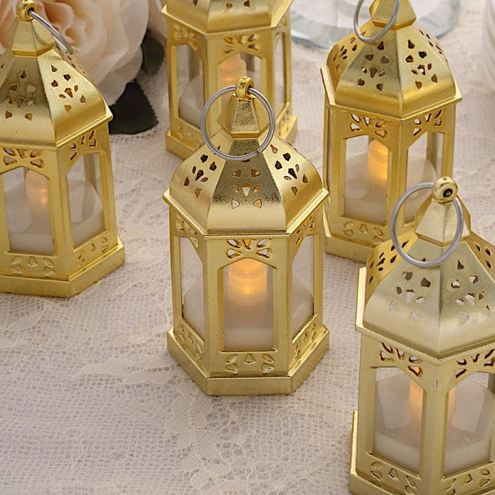 6 Vintage Mini Lantern with Flickering LED Tealight Candles - Gold LED_CAND_TL007_CLR