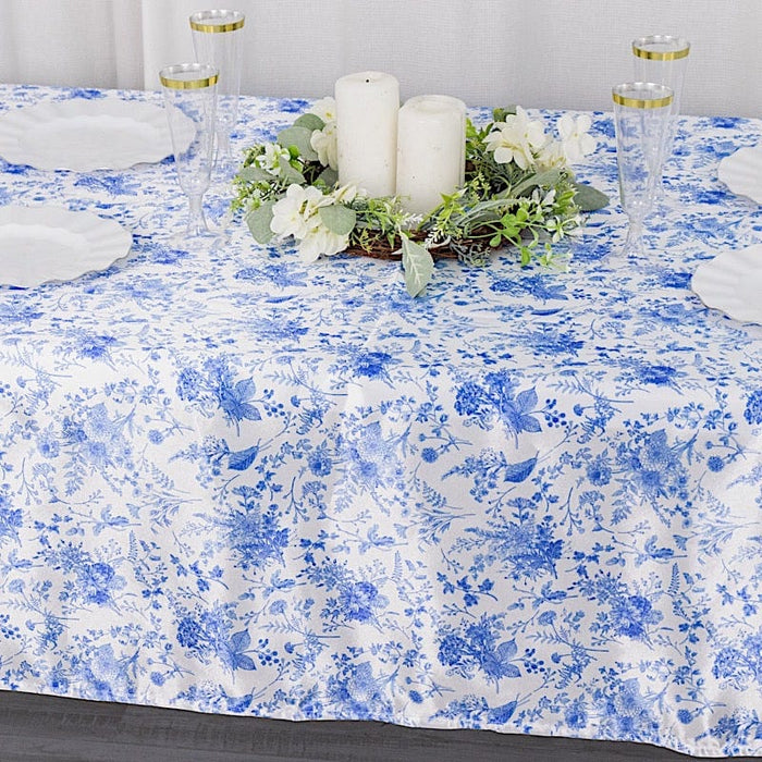 60"x102" Chinoiserie Floral Print Satin Rectangular Tablecloth - White and Blue TAB_STN_FLOR_60102_BLUE