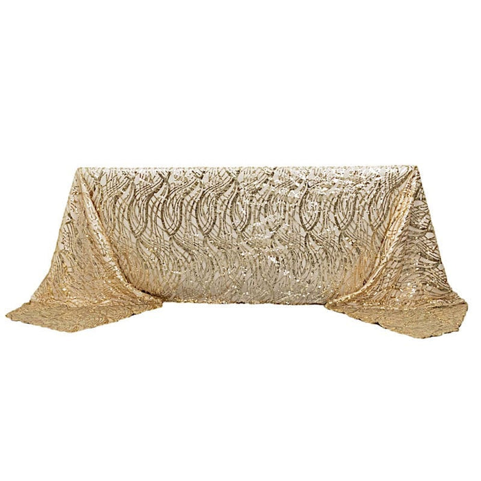 90" x 156" Mesh Rectangular Tablecloth with Wavy Embroidered Sequins TAB_02_WAVE_90156_CHMP