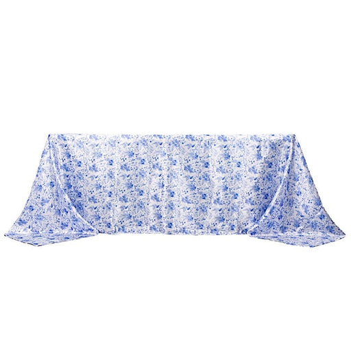 90"x132" Chinoiserie Floral Print Satin Rectangular Tablecloth - White and Blue TAB_STN_FLOR_90132_BLUE
