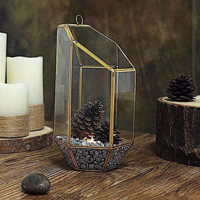 10" tall Geometric Glass Terrarium Vase with Metal Frame - Clear with Gold GLAS_VASE005_GOLD