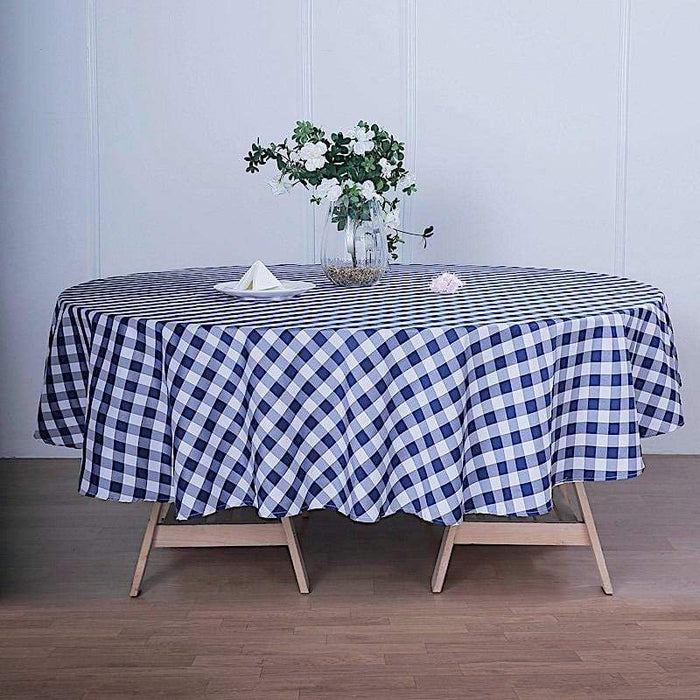108" Checkered Gingham Polyester Round Tablecloth - Navy Blue and White TAB_CHK108_NAVY