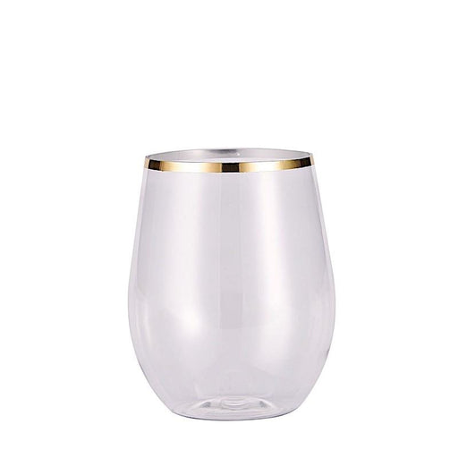 12 pcs 14 oz Clear with Gold Rim Stemless Plastic Wine Glasses - Disposable Tableware DSP_CUWN003_12_GOLD