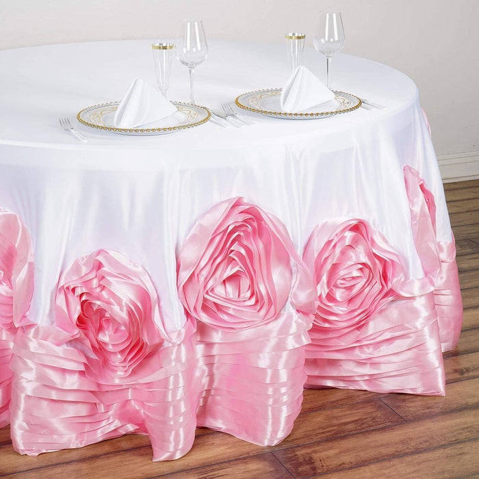132" Large Roses Lamour Satin Round Tablecloth - White & Pink TAB_73_132_WHTPK