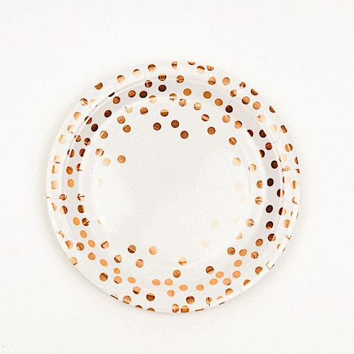 25 White Round Paper Plates with Rose Gold Polka Dots - Disposable Tableware DSP_PPR0002_7_WHTRG