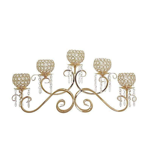27" wide Horizontal Candle Holder with Crystal Beads - Gold CHDLR_053_GOLD