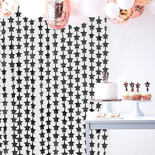 3 ft x 6.5 ft Metallic Star Foil Tassels Fringe Backdrop Curtains CUR_PVC02_STR_BLK