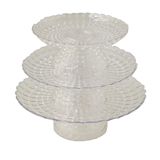 3 Plastic Stackable Dessert Pedestals Pressed Design Cupcake Display Stands Set - Clear CAKE_PLST_R009_SET_CLR