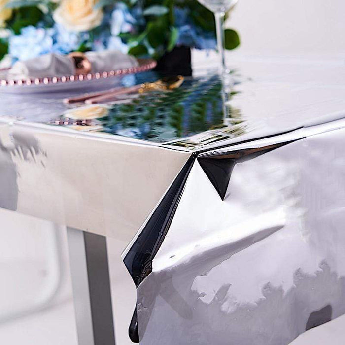 40" x 90" Rectangular Metallic Disposable Plastic Tablecloth - Silver TAB_FOL_01_40X90_SILV