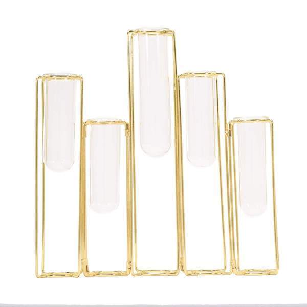 5 Jointed Geometric Flower Vase Holders with Glass Test Tubes IRON_VASE_011_15_GOLD