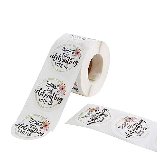 500 Thank You For Celebrating with Us 2" Self Adhesive Stickers Roll - White and Black STK_TYCLB_001_2