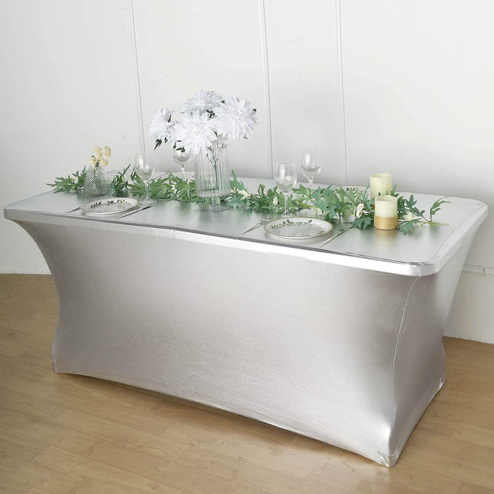 6 ft Fitted Spandex Tablecloth Metallic Table Cover - Silver TAB_REC_SPX6FT_22_SILV