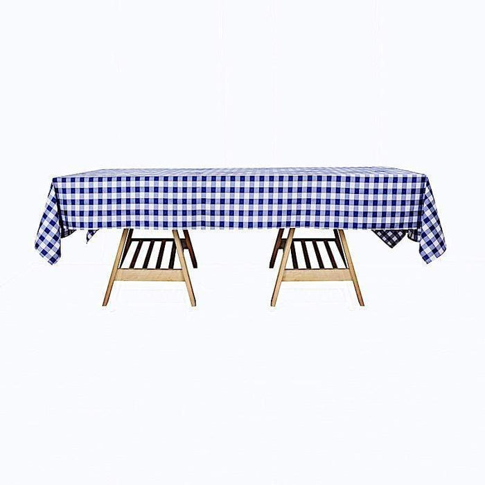 60" x 102" Checkered Gingham Polyester Tablecloth - Navy Blue and White TAB_CHK60102_NAVY