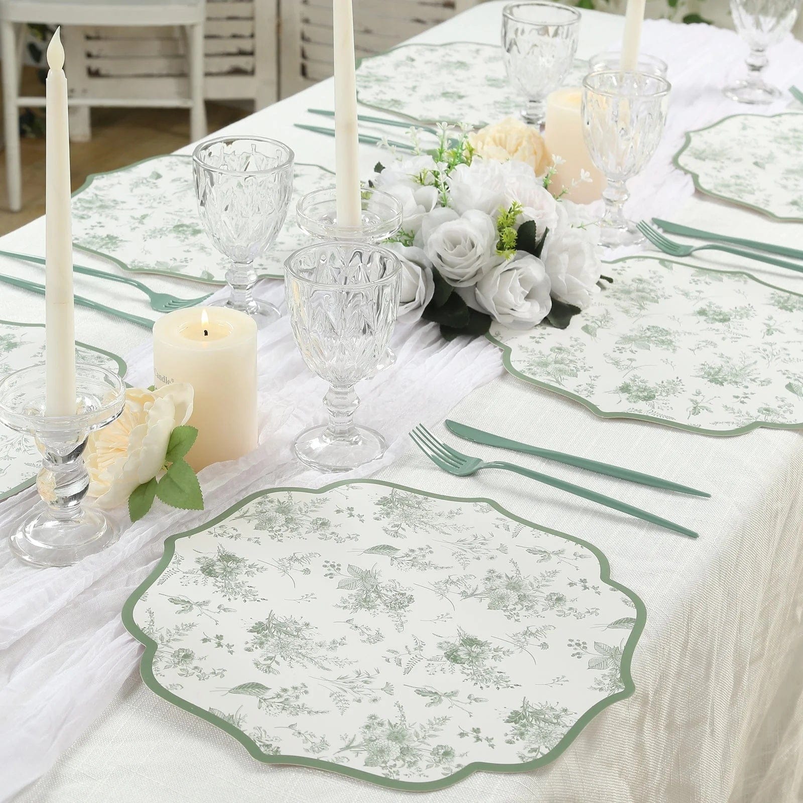 10 Cardboard Disposable Table Placemats with French Toile Pattern - Sage Green DSP_CHRG_FLOR022_SAGE