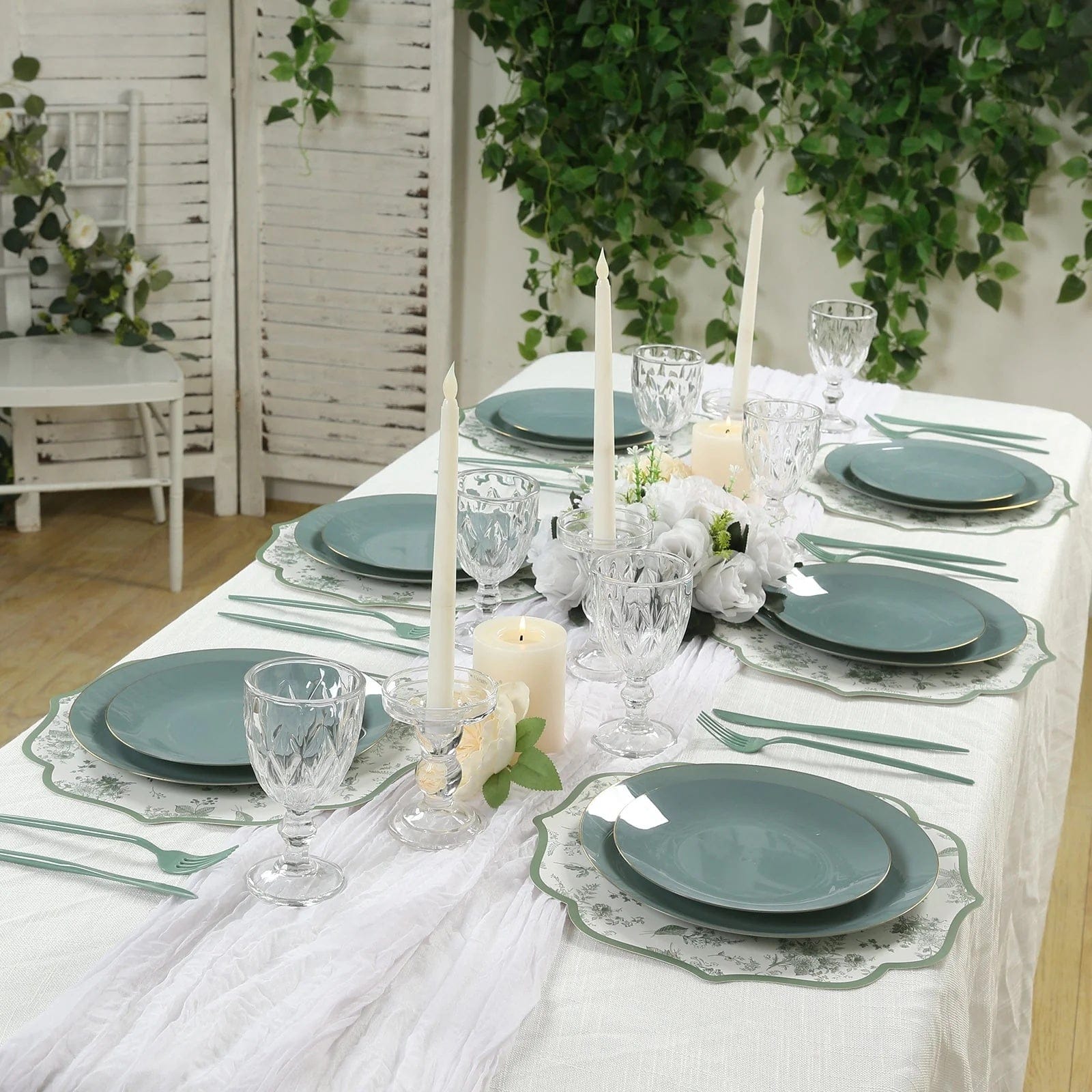 10 Cardboard Disposable Table Placemats with French Toile Pattern - Sage Green DSP_CHRG_FLOR022_SAGE