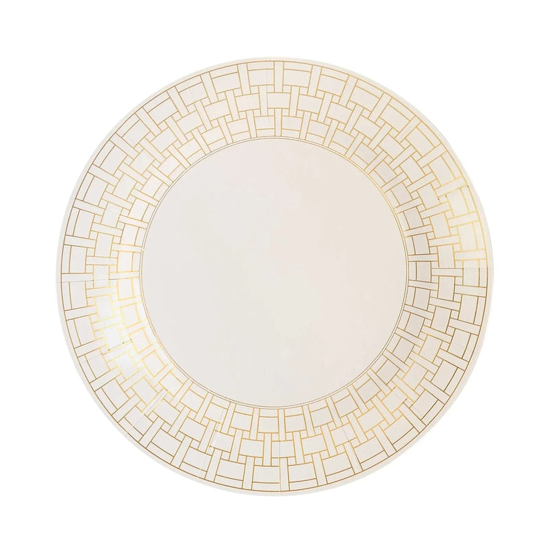 10 Cardstock Paper Charger Plates with Basketweave Pattern Rim - White and Gold DSP_CHRG_R0028_WHGD