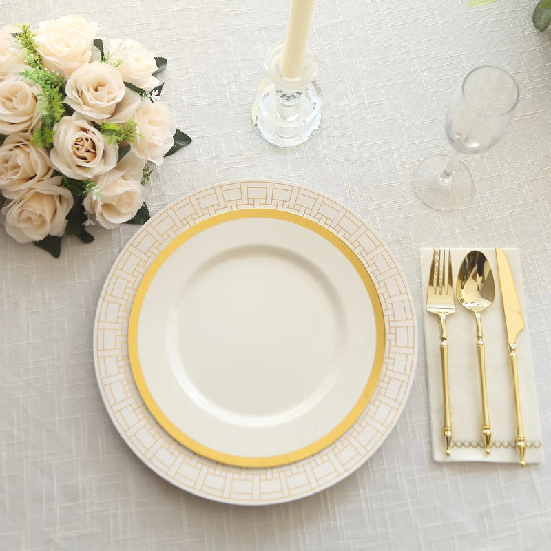 10 Cardstock Paper Charger Plates with Basketweave Pattern Rim - White and Gold DSP_CHRG_R0028_WHGD