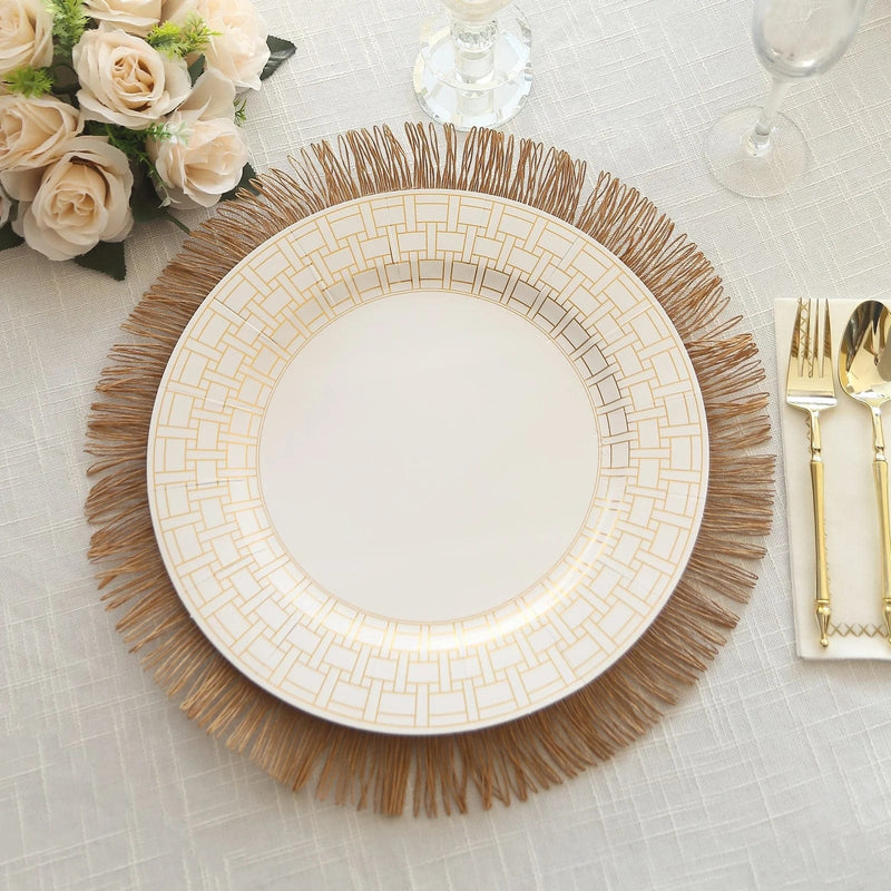 10 Cardstock Paper Charger Plates with Basketweave Pattern Rim - White and Gold DSP_CHRG_R0028_WHGD