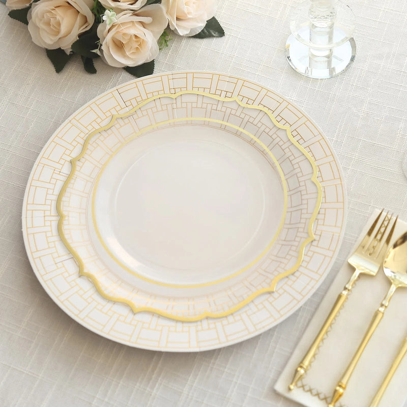 10 Cardstock Paper Charger Plates with Basketweave Pattern Rim - White and Gold DSP_CHRG_R0028_WHGD