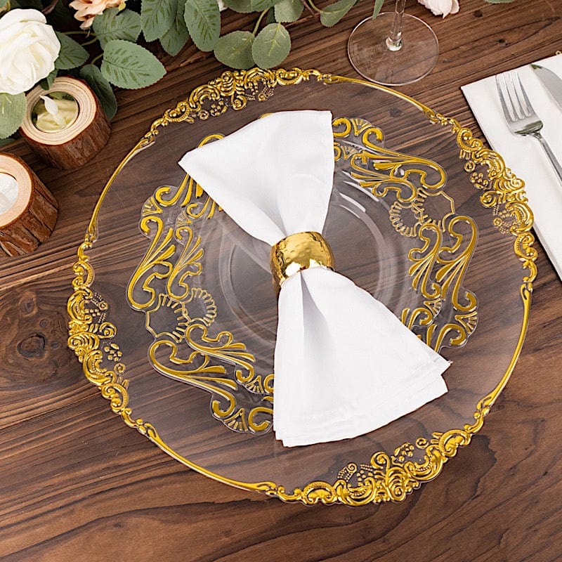 10 Clear Gold Vintage Baroque Plastic Dessert Plates with Scalloped Rim - Disposable Tableware