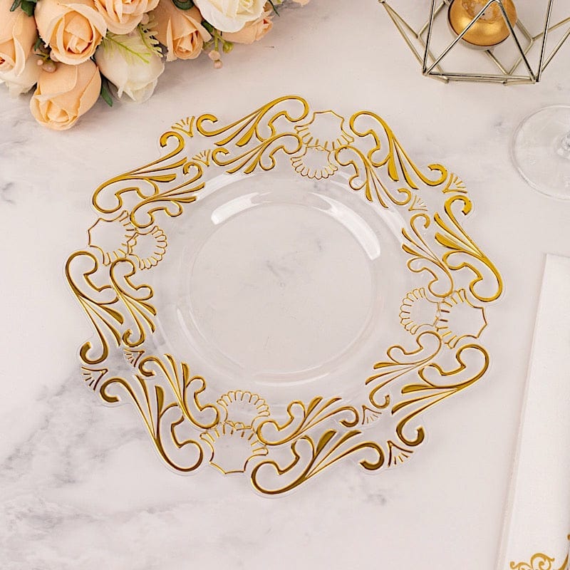 10 Clear Gold Vintage Baroque Plastic Dessert Plates with Scalloped Rim - Disposable Tableware