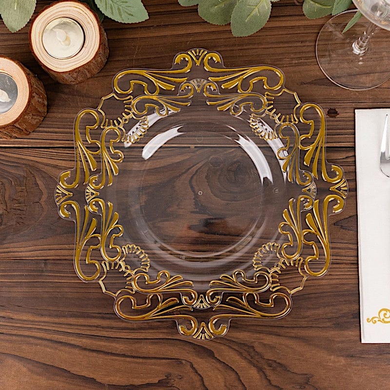 10 Clear Gold Vintage Baroque Plastic Dessert Plates with Scalloped Rim - Disposable Tableware